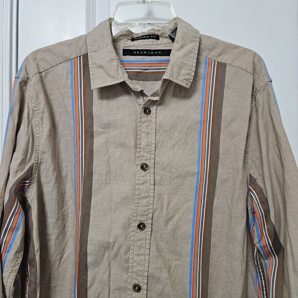 Sean John Shirt Men's XL Tailored Fit Brown Striped Long Sleeve Button Down Y2K - Picture 1 of 8